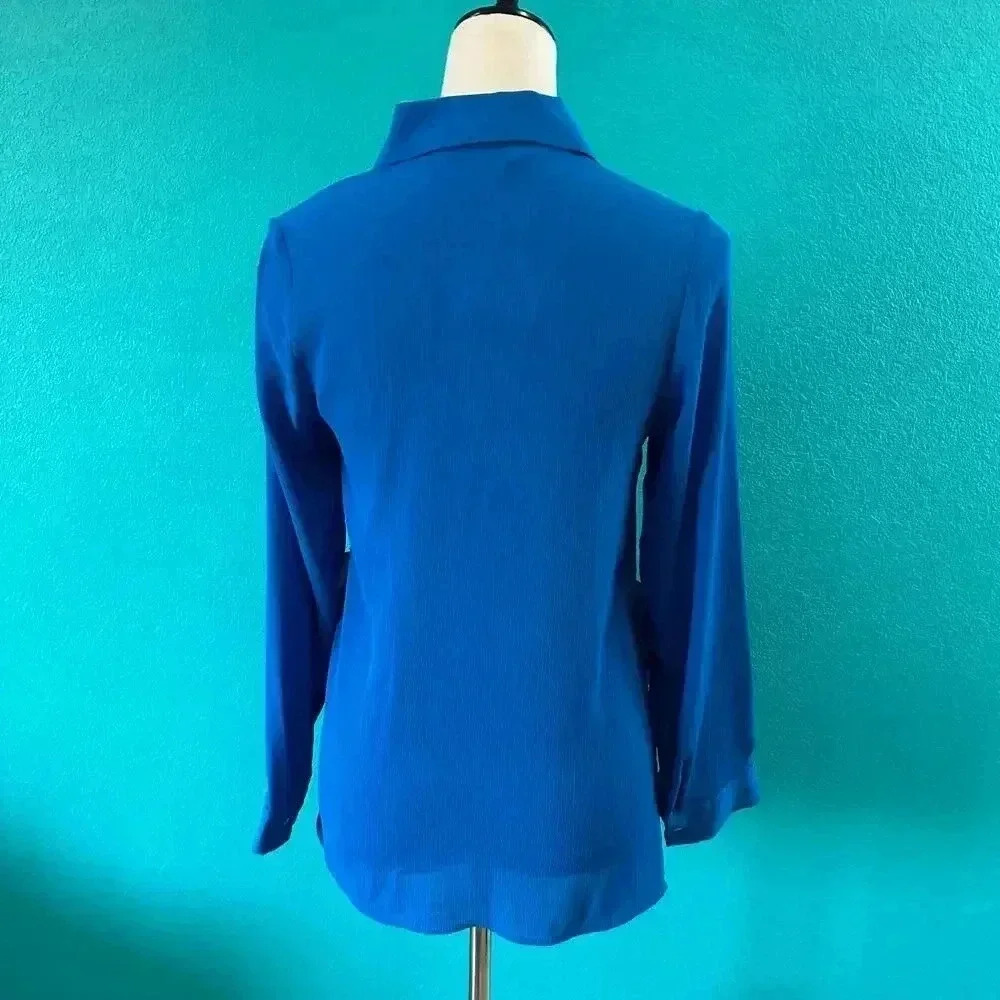 NWT Zara Basic Blue Mesh Ruffled Long Sleeve Button-Down Shirt Size XS - Picture 4 of 6